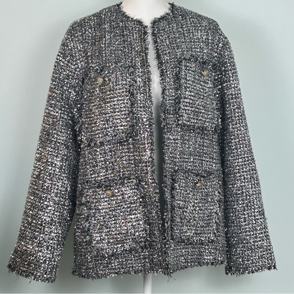 H&M Blazer Collarless  Open Front Gray Black and White Metallic Thread